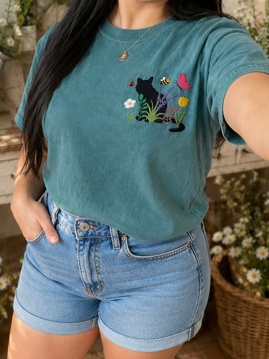 Embroidered Comfort Colors Shirt - Spring Cottage-core Cat Floral