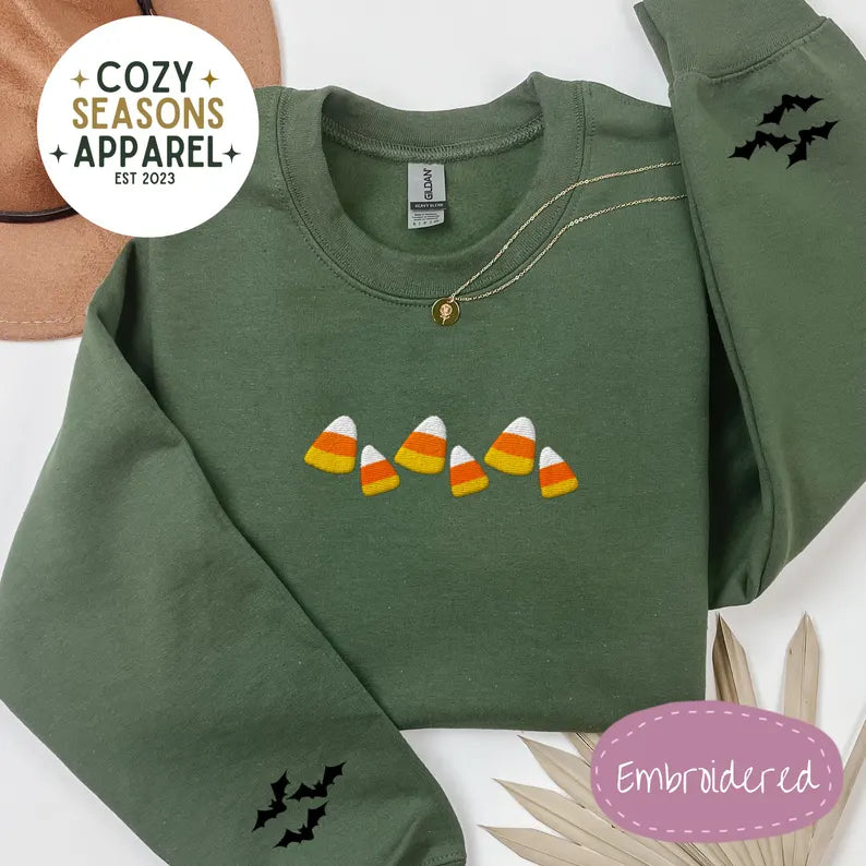 Unisex Embroidered Candy Corn with Bat Sleeves Halloween Sweatshirt