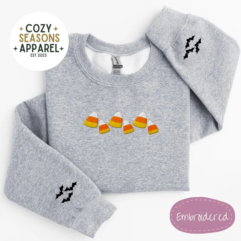 Unisex Embroidered Candy Corn with Bat Sleeves Halloween Sweatshirt