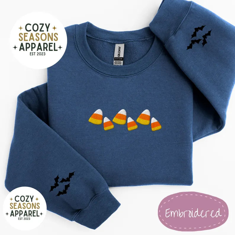 Unisex Embroidered Candy Corn with Bat Sleeves Halloween Sweatshirt