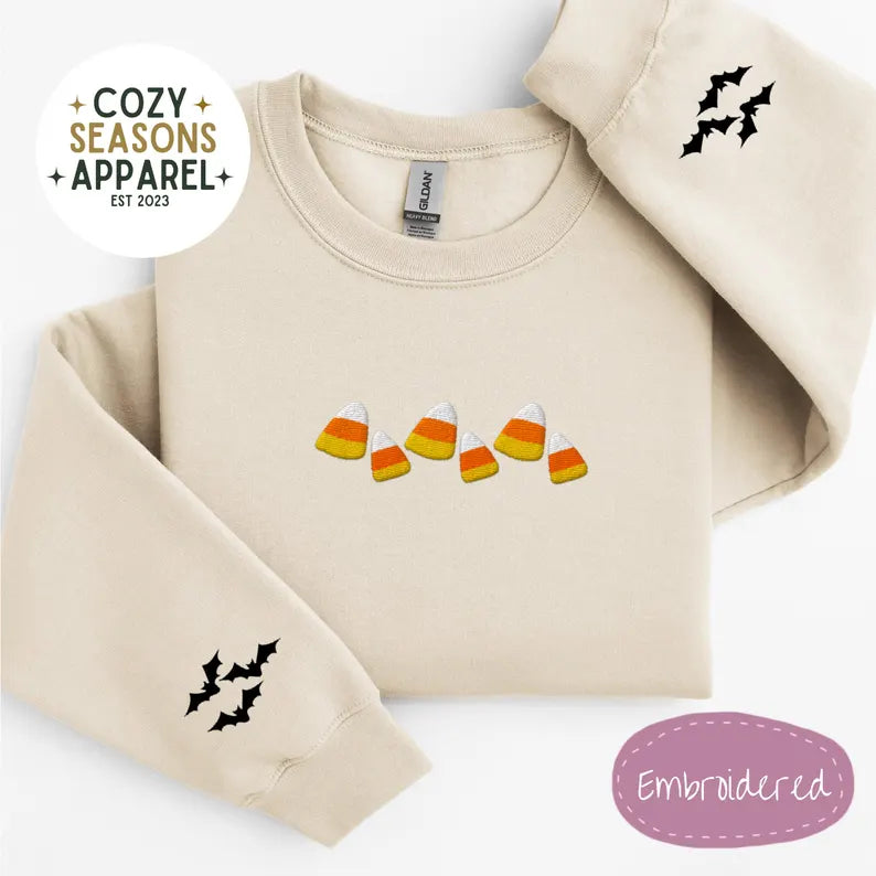 Unisex Embroidered Candy Corn with Bat Sleeves Halloween Sweatshirt