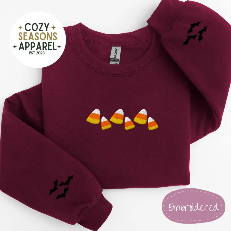 Unisex Embroidered Candy Corn with Bat Sleeves Halloween Sweatshirt