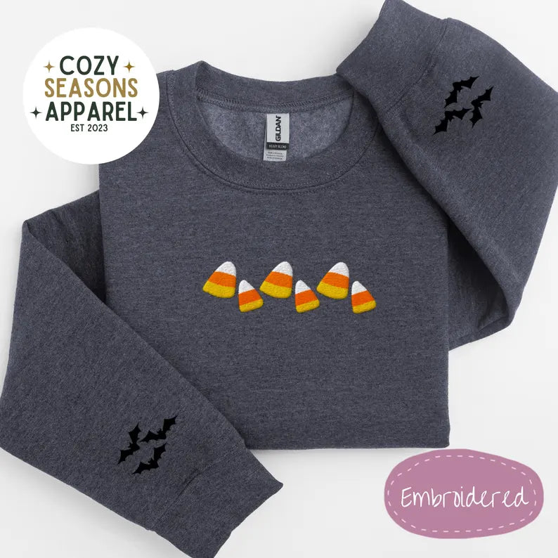 Unisex Embroidered Candy Corn with Bat Sleeves Halloween Sweatshirt