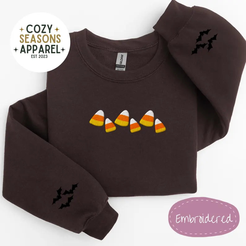 Unisex Embroidered Candy Corn with Bat Sleeves Halloween Sweatshirt