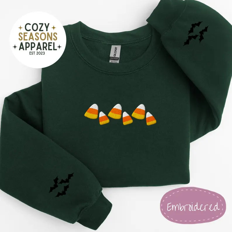 Unisex Embroidered Candy Corn with Bat Sleeves Halloween Sweatshirt