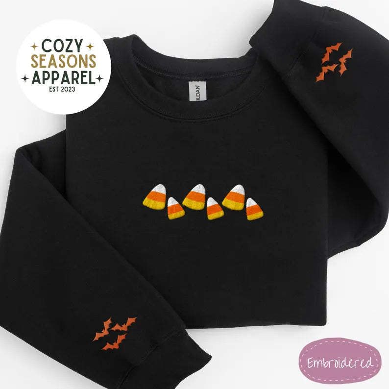 Unisex Embroidered Candy Corn with Bat Sleeves Halloween Sweatshirt