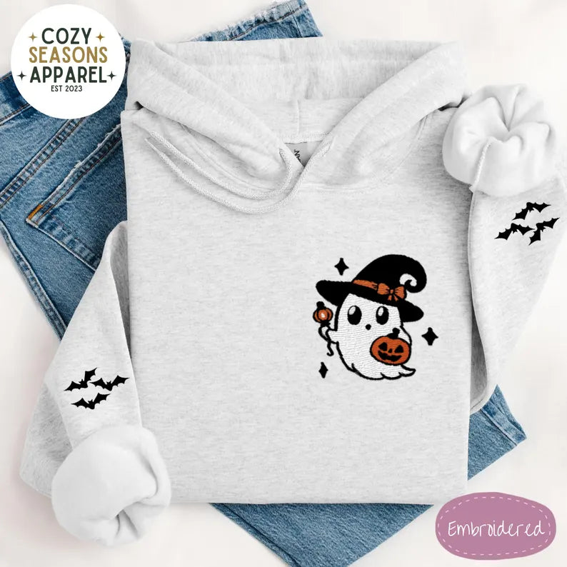 Unisex Embroidered Witch Ghost with Bat Sleeves Halloween Hoodie