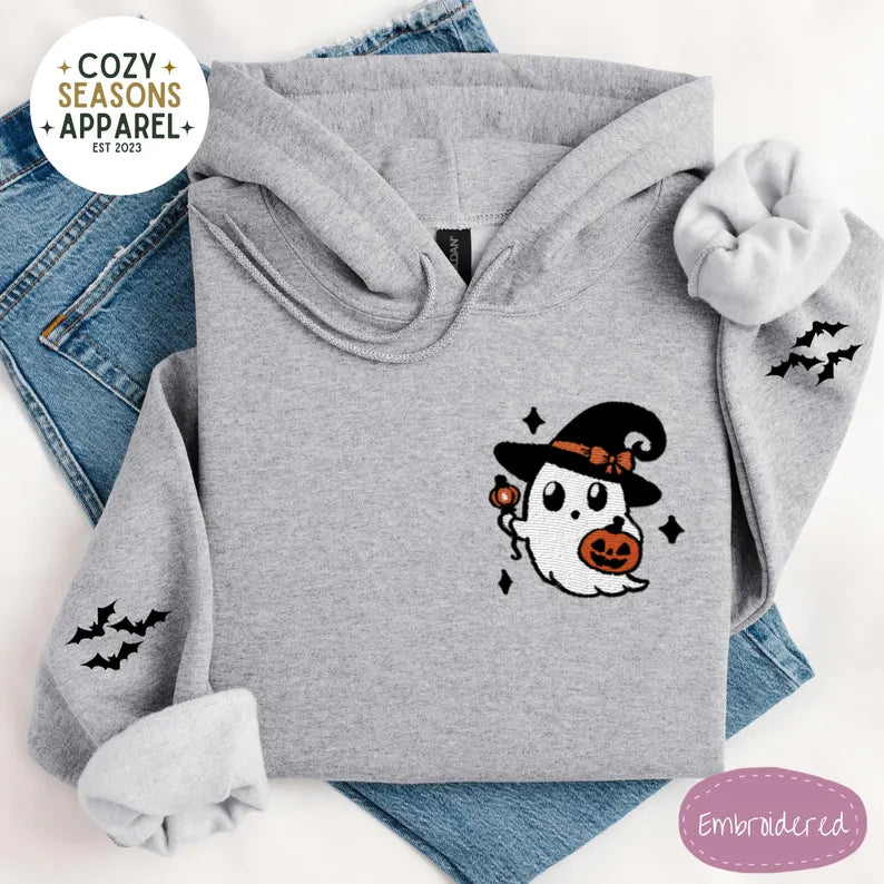 Unisex Embroidered Witch Ghost with Bat Sleeves Halloween Hoodie