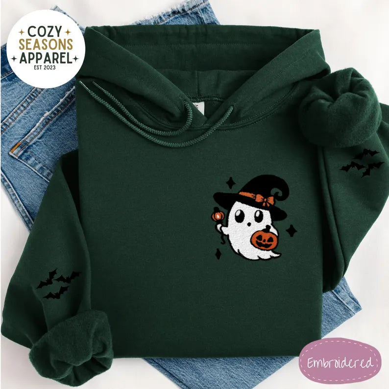 Unisex Embroidered Witch Ghost with Bat Sleeves Halloween Hoodie