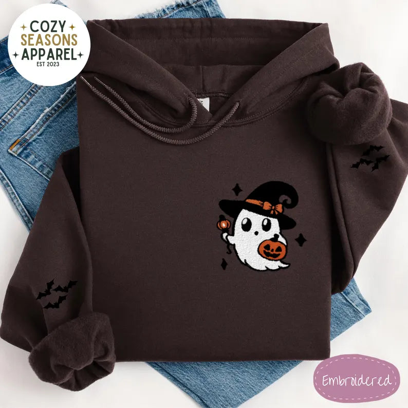 Unisex Embroidered Witch Ghost with Bat Sleeves Halloween Hoodie
