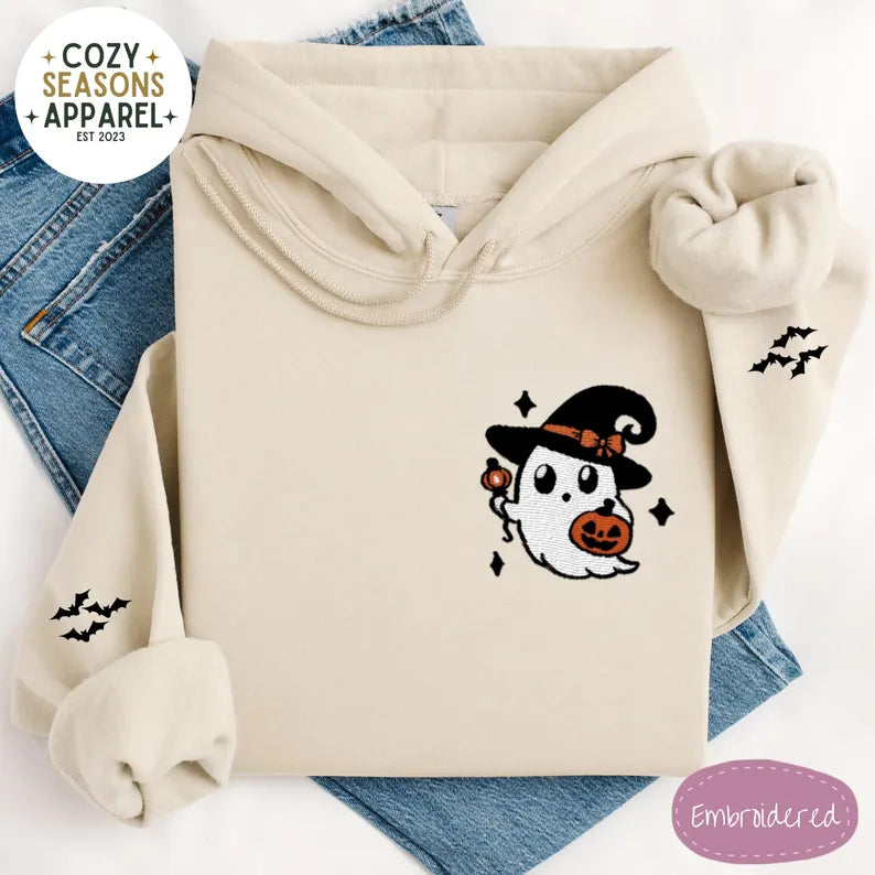 Unisex Embroidered Witch Ghost with Bat Sleeves Halloween Hoodie