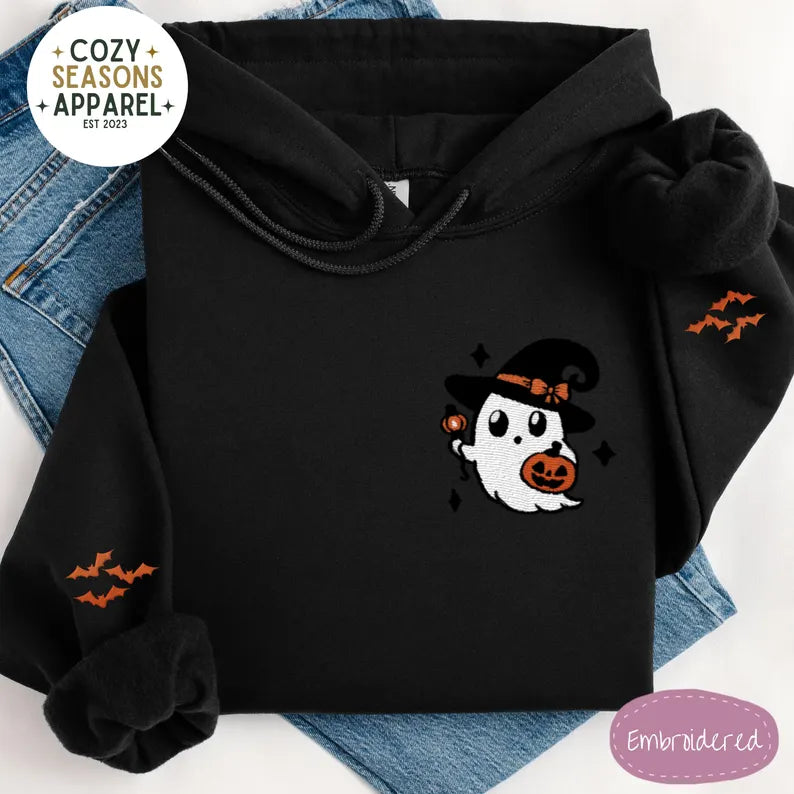 Unisex Embroidered Witch Ghost with Bat Sleeves Halloween Hoodie