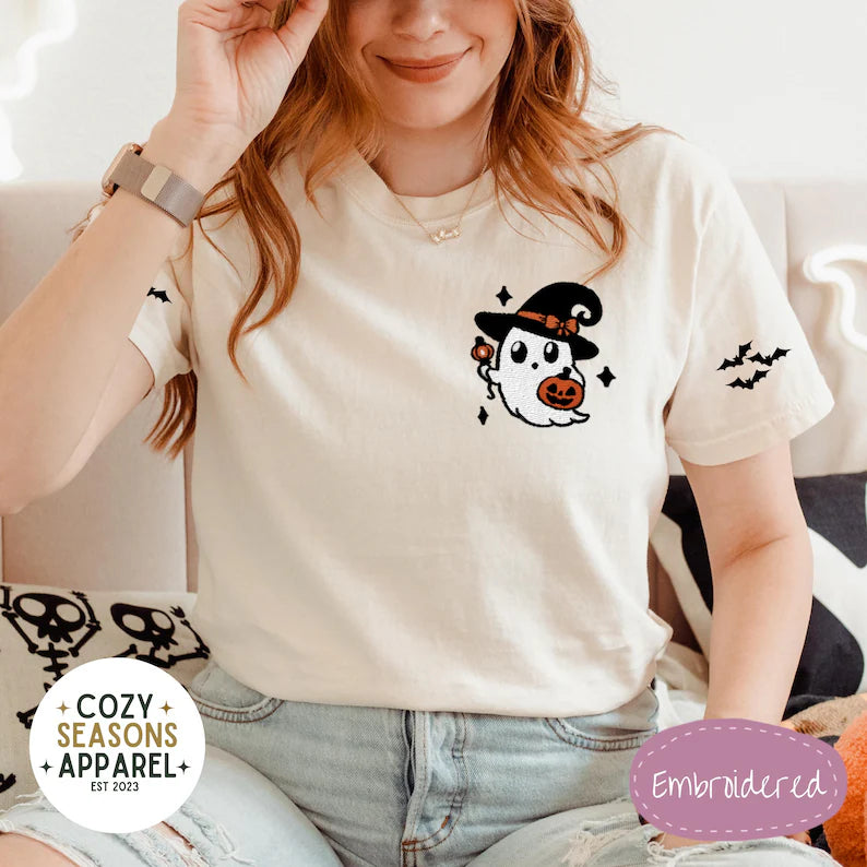 Unisex Embroidered Comfort Colors Witch Ghost with Bat Sleeves Halloween T-shirt