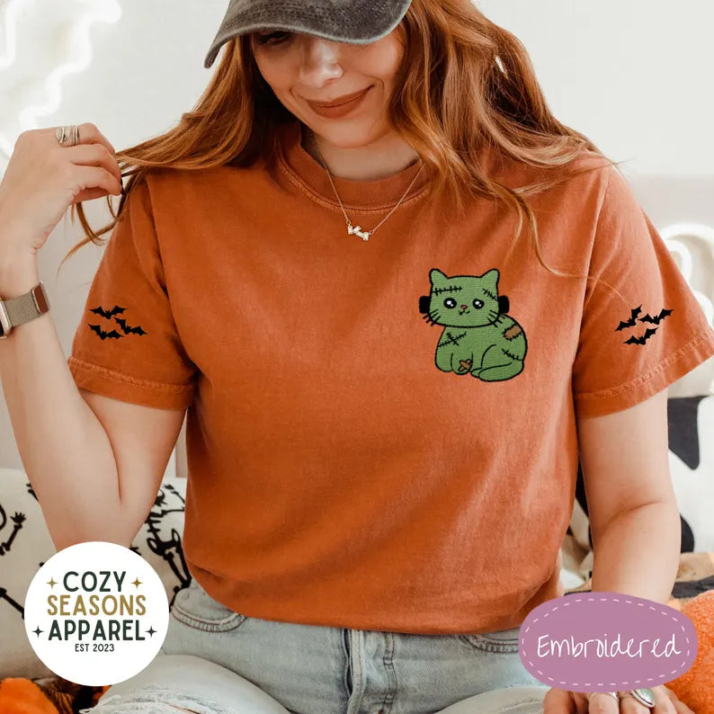 Comfort Colors Cat Zombie Frankenstein with Bat Sleeves Halloween Shirt