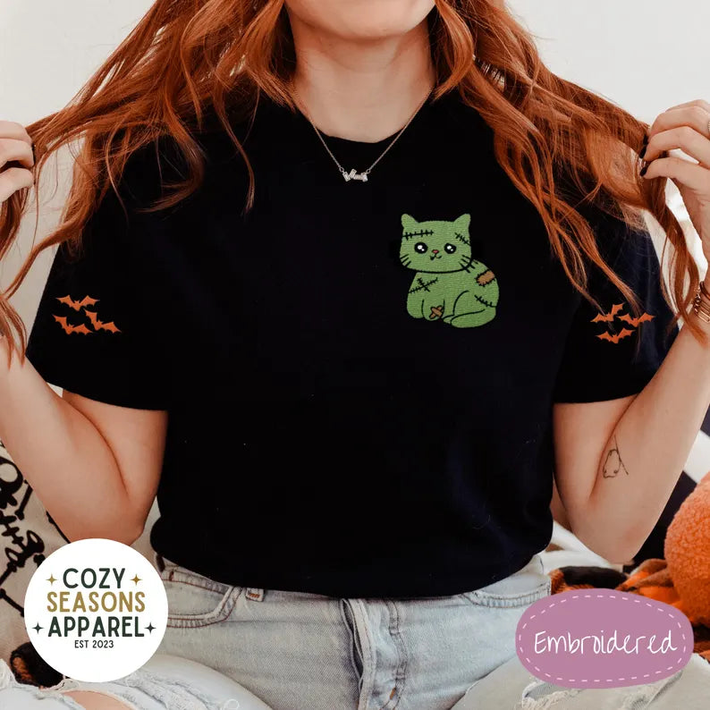 Comfort Colors Cat Zombie Frankenstein with Bat Sleeves Halloween Shirt