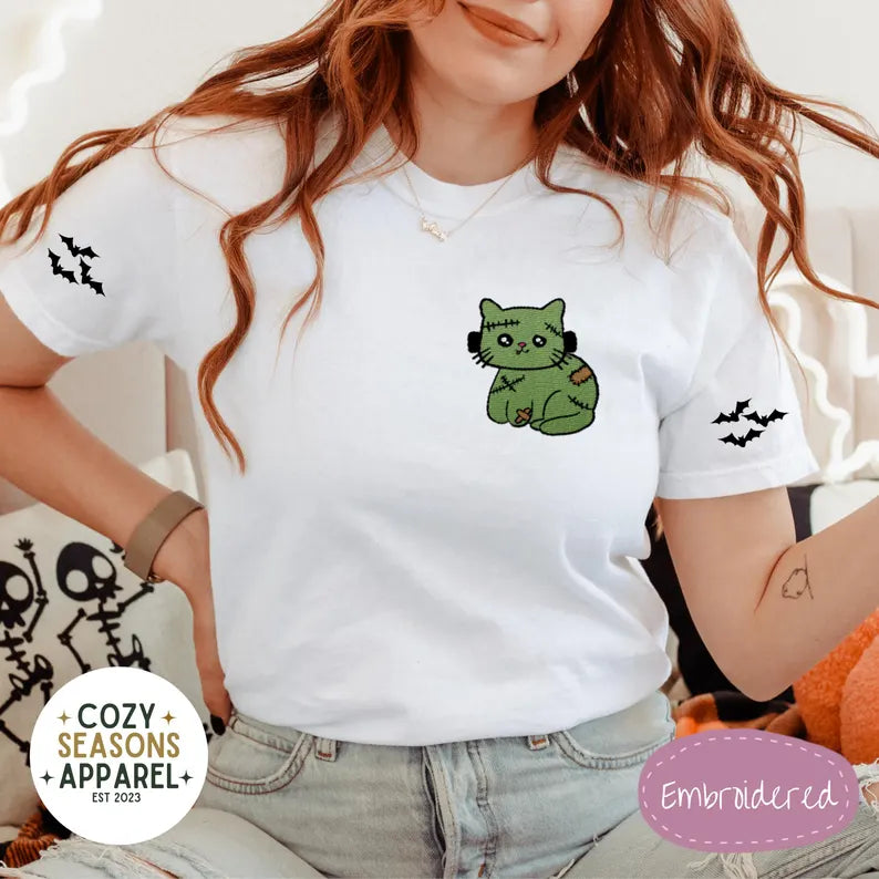 Comfort Colors Cat Zombie Frankenstein with Bat Sleeves Halloween Shirt