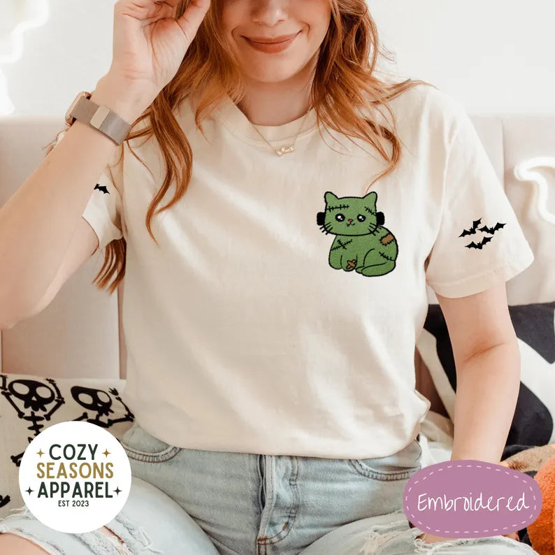 Comfort Colors Cat Zombie Frankenstein with Bat Sleeves Halloween Shirt