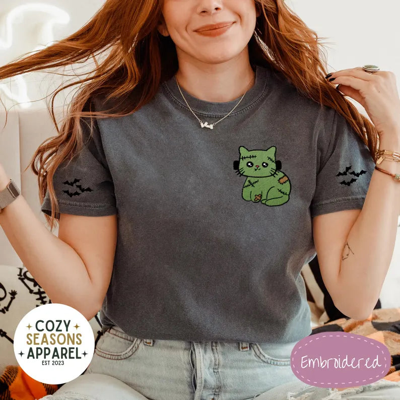 Comfort Colors Cat Zombie Frankenstein with Bat Sleeves Halloween Shirt