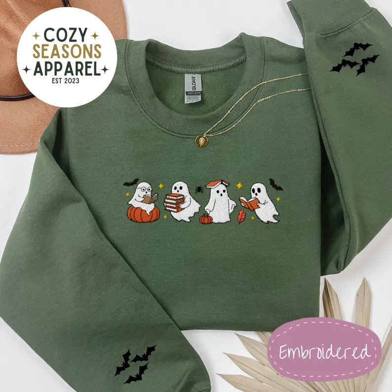 Unisex Ghost Reading with Bat Sleeves Halloween Sweatshirt