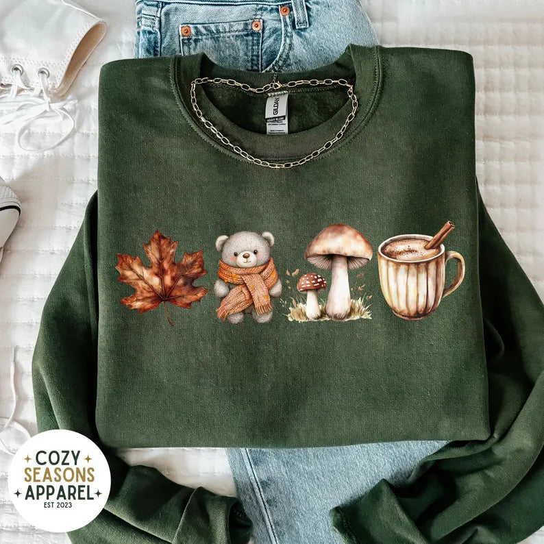 Fall Aesthetic Sweatshirt - Leaf - Mushroom - Teddy - Coffee