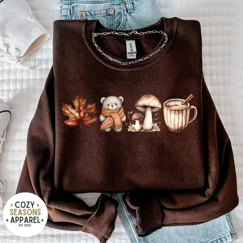 Fall Aesthetic Sweatshirt - Leaf - Mushroom - Teddy - Coffee