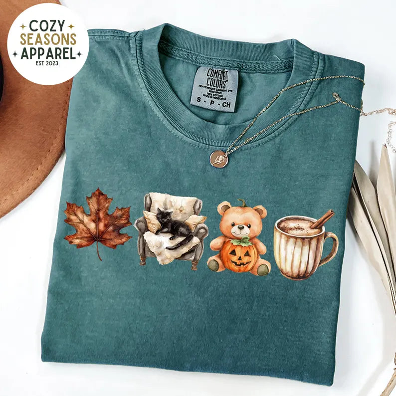 Comfort Colors Cozy Fall Shirt, Leaf, Teddy Bear, Coffee, Lazy Black Cat