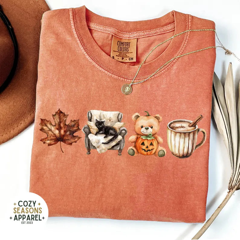 Comfort Colors Cozy Fall Shirt, Leaf, Teddy Bear, Coffee, Lazy Black Cat