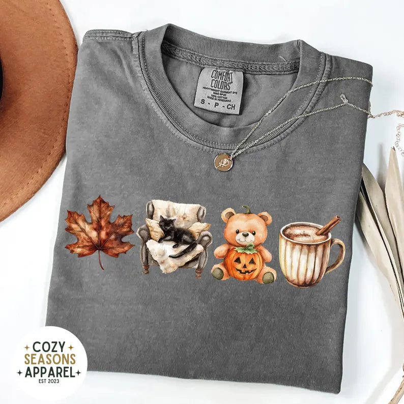 Comfort Colors Cozy Fall Shirt, Leaf, Teddy Bear, Coffee, Lazy Black Cat
