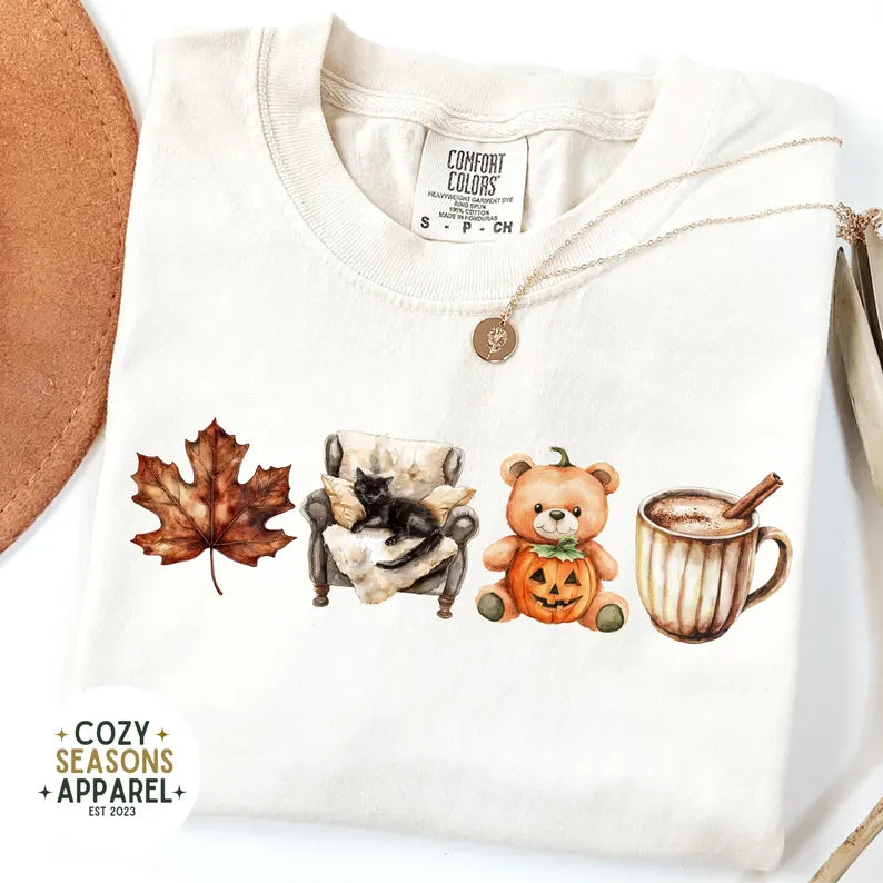 Comfort Colors Cozy Fall Shirt, Leaf, Teddy Bear, Coffee, Lazy Black Cat