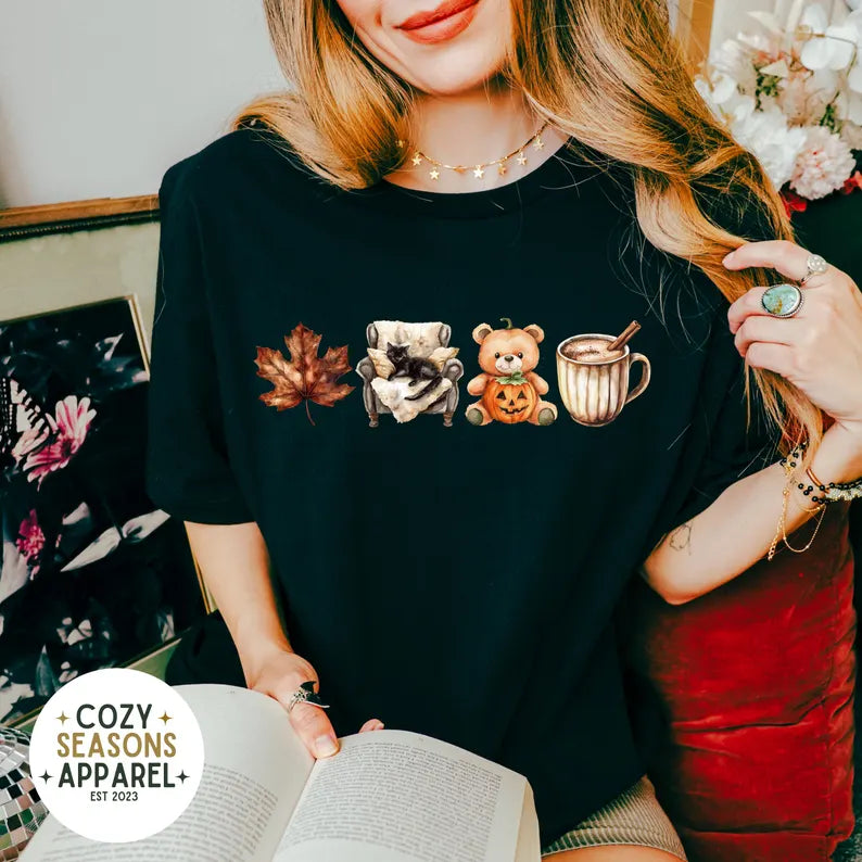 Comfort Colors Cozy Fall Shirt, Leaf, Teddy Bear, Coffee, Lazy Black Cat