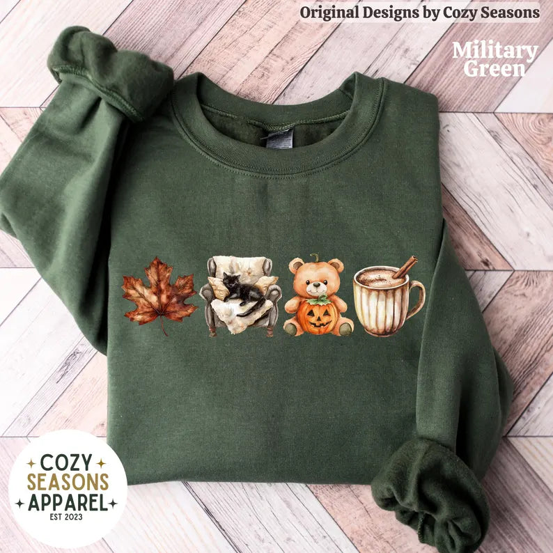 Cozy Fall Sweatshirt, Leaf, Teddy Bear, Coffee, Lazy Black Cat