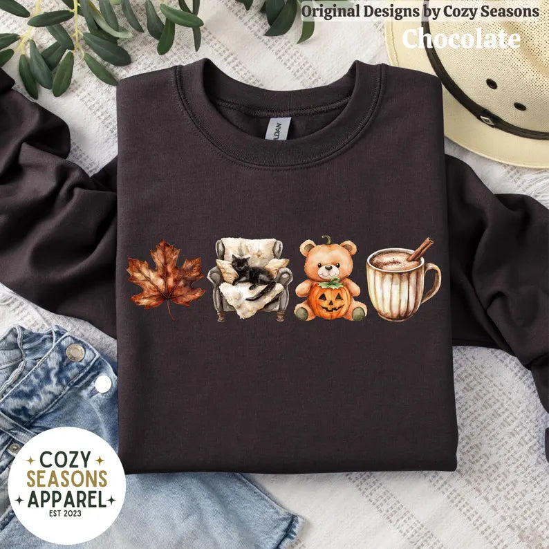 Cozy Fall Sweatshirt, Leaf, Teddy Bear, Coffee, Lazy Black Cat