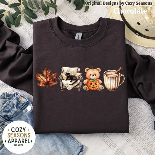 Cozy Fall Sweatshirt, Leaf, Teddy Bear, Coffee, Lazy Black Cat