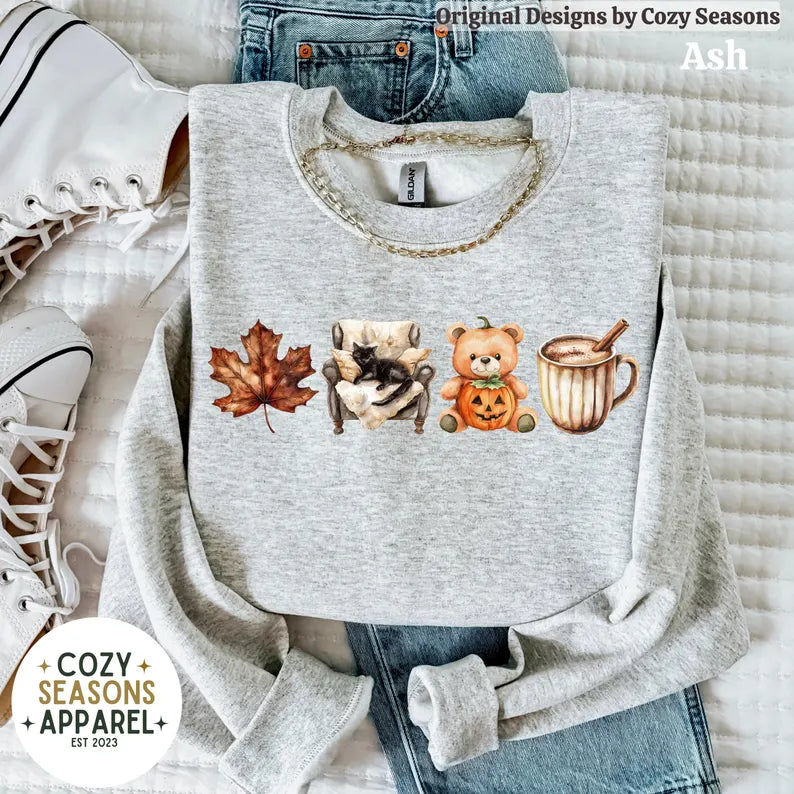 Cozy Fall Sweatshirt, Leaf, Teddy Bear, Coffee, Lazy Black Cat