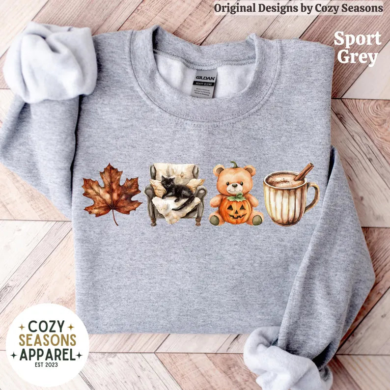 Cozy Fall Sweatshirt, Leaf, Teddy Bear, Coffee, Lazy Black Cat