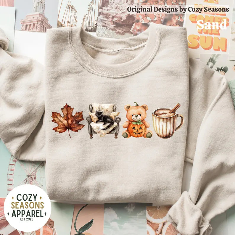 Cozy Fall Sweatshirt, Leaf, Teddy Bear, Coffee, Lazy Black Cat