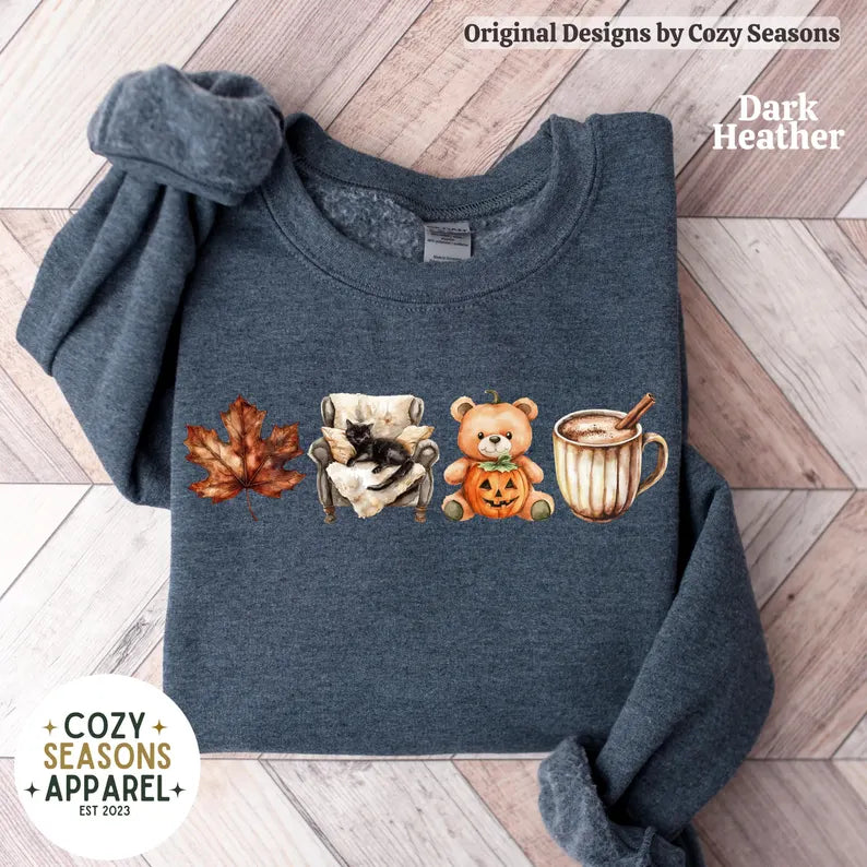 Cozy Fall Sweatshirt, Leaf, Teddy Bear, Coffee, Lazy Black Cat