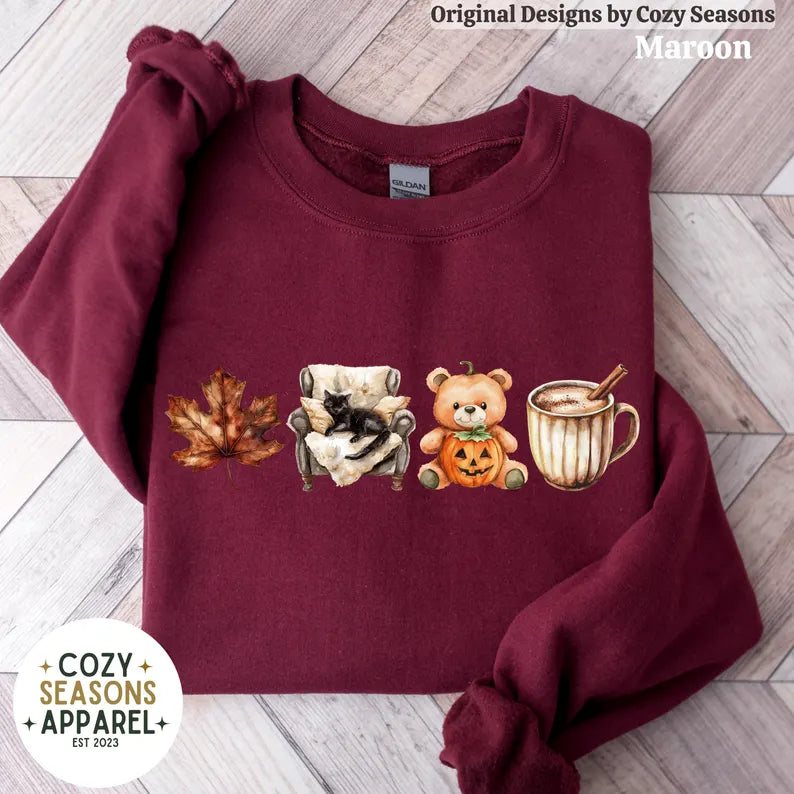 Cozy Fall Sweatshirt, Leaf, Teddy Bear, Coffee, Lazy Black Cat