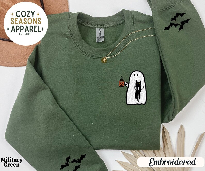 Embroidered Spooky Ghost Drinking Coffee with Black Cat with Bat Sleeves Sweatshirt