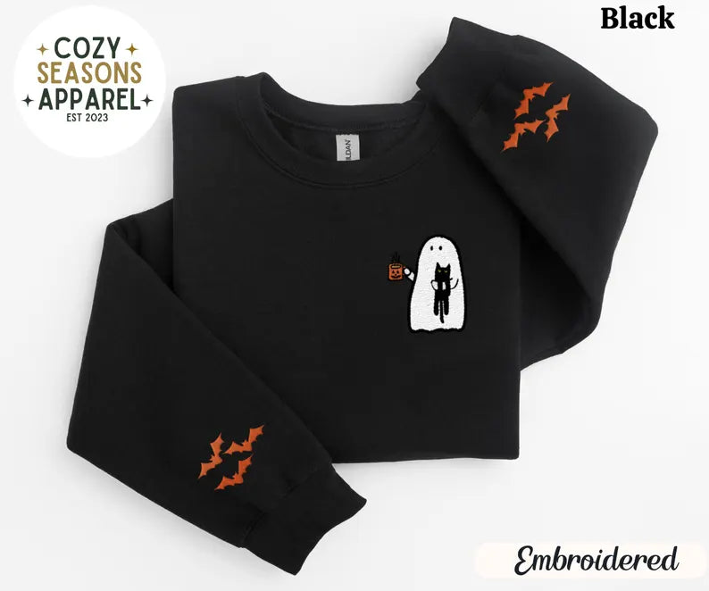 Embroidered Spooky Ghost Drinking Coffee with Black Cat with Bat Sleeves Sweatshirt