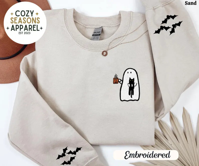 Embroidered Spooky Ghost Drinking Coffee with Black Cat with Bat Sleeves Sweatshirt
