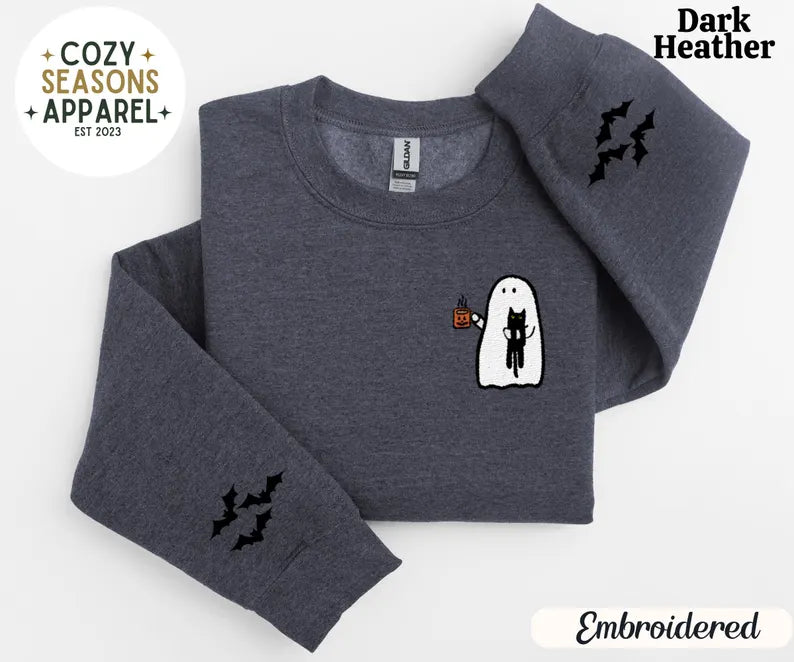 Embroidered Spooky Ghost Drinking Coffee with Black Cat with Bat Sleeves Sweatshirt