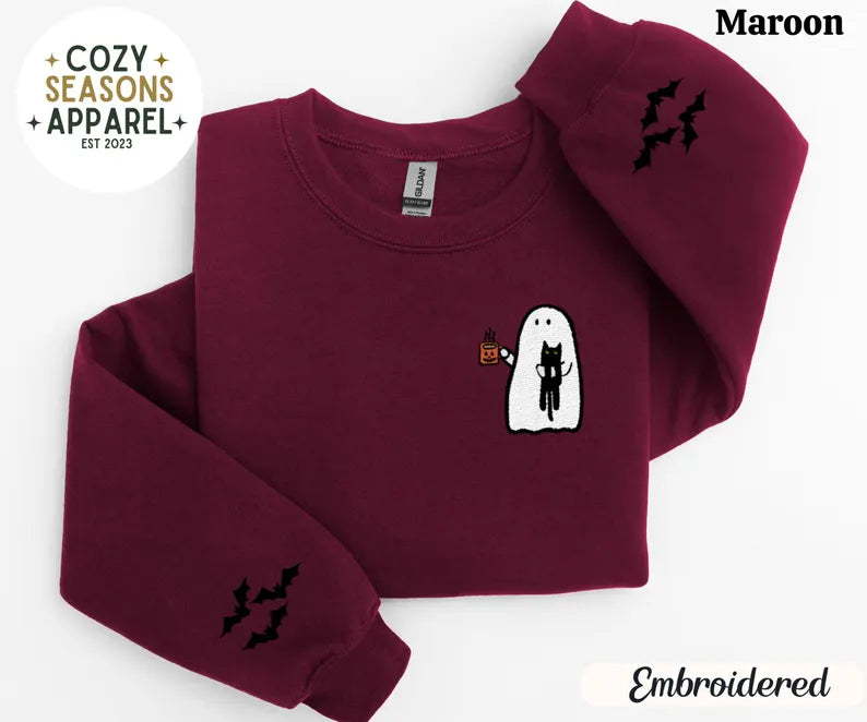 Embroidered Spooky Ghost Drinking Coffee with Black Cat with Bat Sleeves Sweatshirt