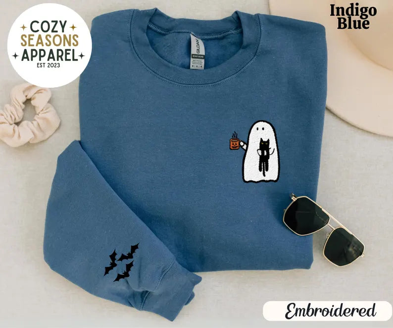 Embroidered Spooky Ghost Drinking Coffee with Black Cat with Bat Sleeves Sweatshirt