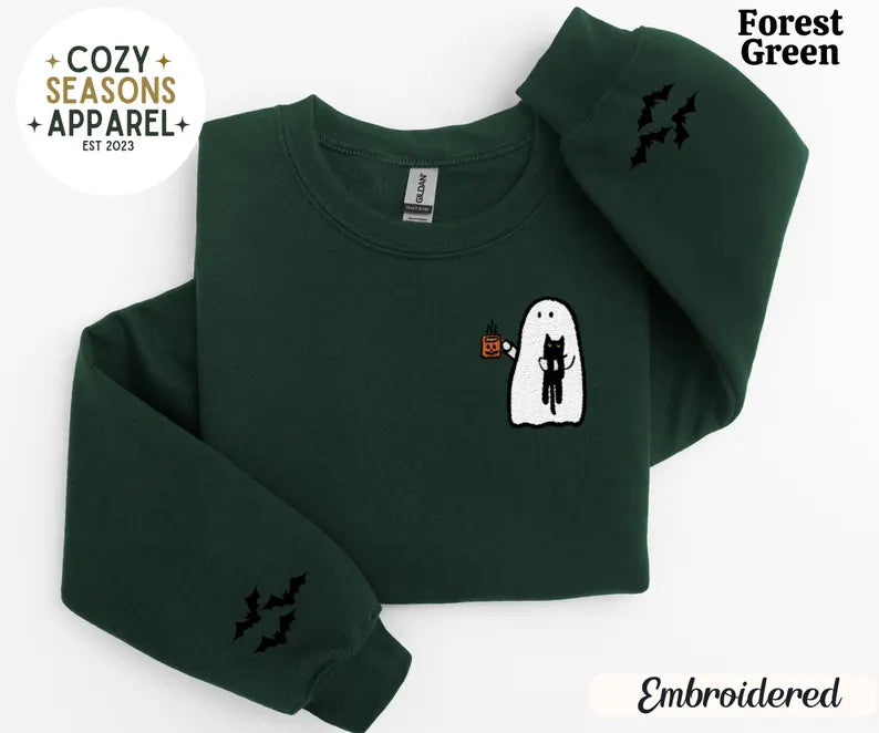 Embroidered Spooky Ghost Drinking Coffee with Black Cat with Bat Sleeves Sweatshirt