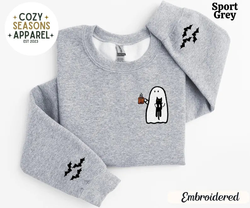 Embroidered Spooky Ghost Drinking Coffee with Black Cat with Bat Sleeves Sweatshirt