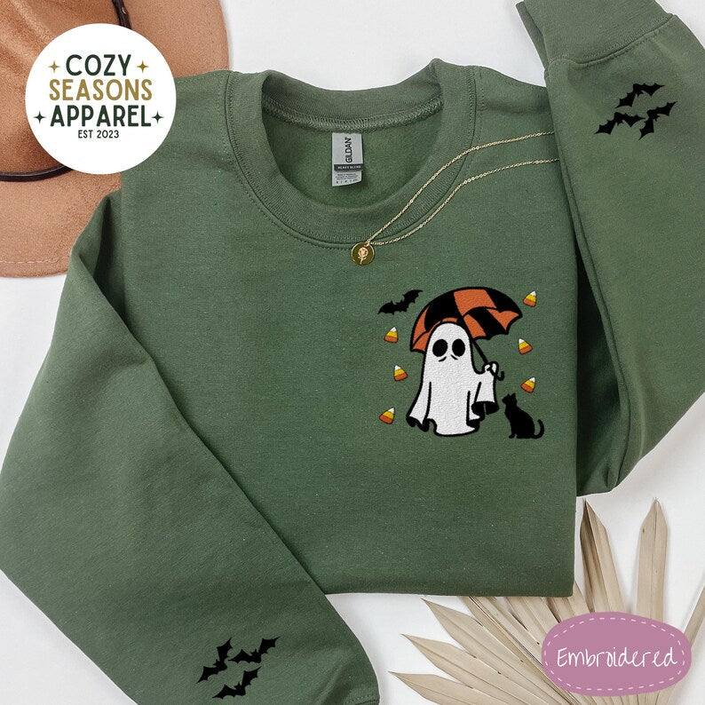 Embroidered Spooky Ghost Holding Umbrella Raining Candy Corn with Black Cat and Bat Sleeves  Sweatshirt