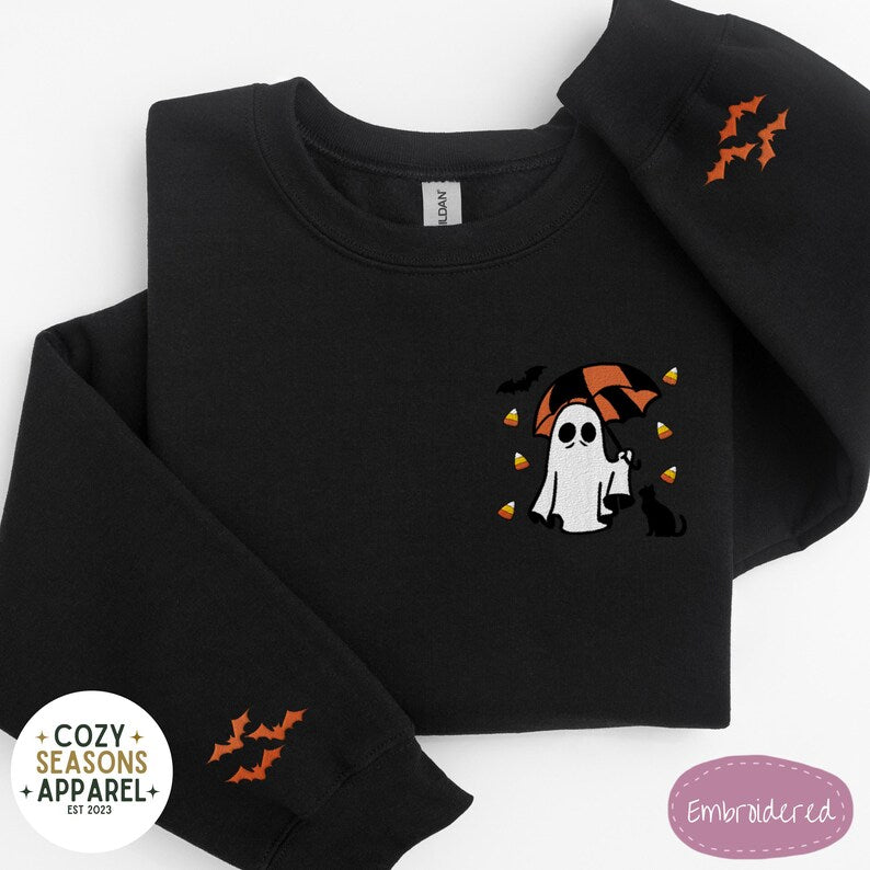 Embroidered Spooky Ghost Holding Umbrella Raining Candy Corn with Black Cat and Bat Sleeves  Sweatshirt