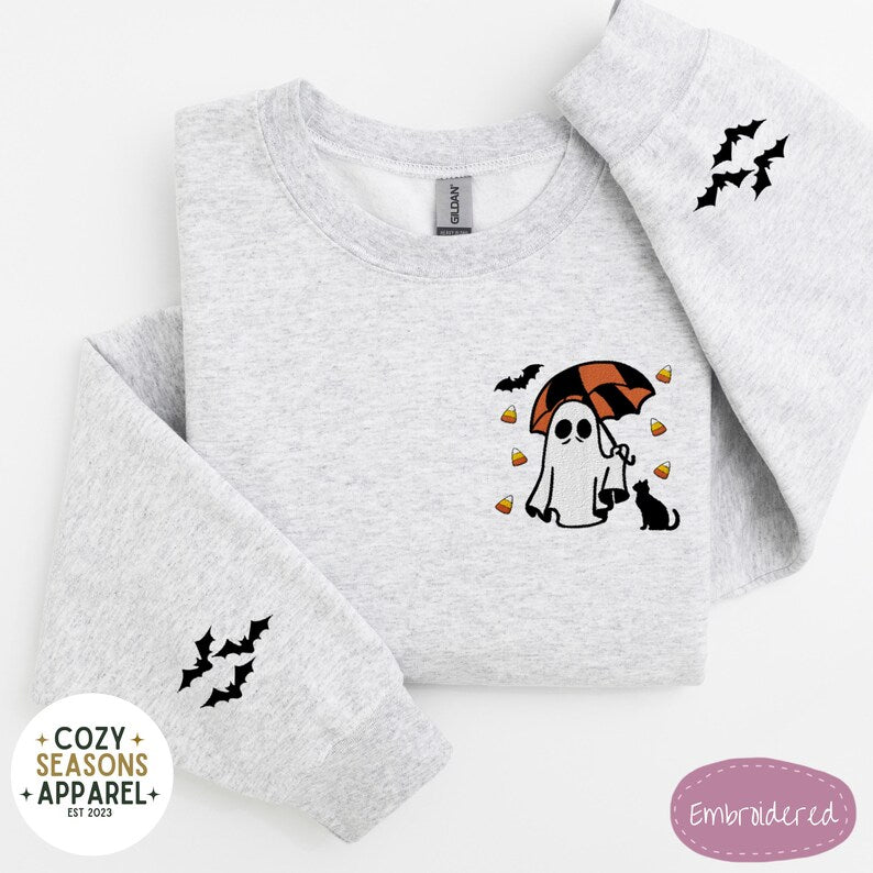 Embroidered Spooky Ghost Holding Umbrella Raining Candy Corn with Black Cat and Bat Sleeves  Sweatshirt