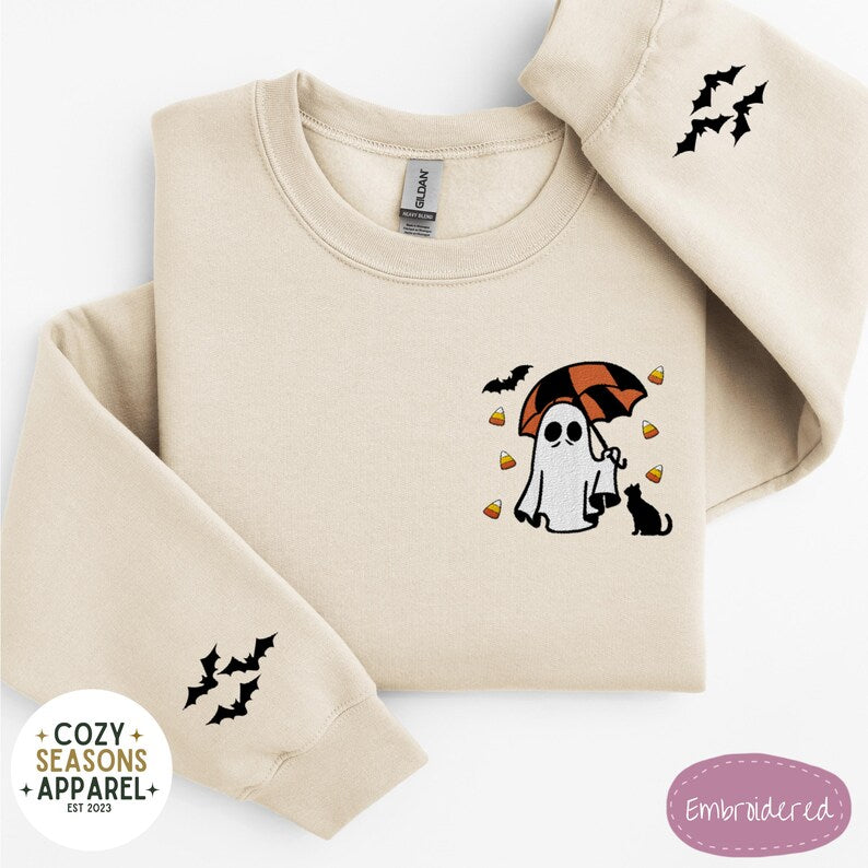 Embroidered Spooky Ghost Holding Umbrella Raining Candy Corn with Black Cat and Bat Sleeves  Sweatshirt